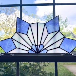 Stained Glass Panel | Large Iridescent Blue Art Glass Valance for Window, Wall & Door Decor | Geometric Design