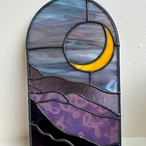 Stained Glass Panel : Crescent Moon and  Mountains, Purple Window Hanging. Handnade Large Suncatcher