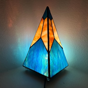 Handmade Stained Glass Pyramid Lamp: Blue Green Amber Accent Light