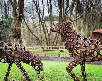 Upcycled Horseshoe 3/4 Size Stag & Doe Garden Sculpture Garden Yard Art