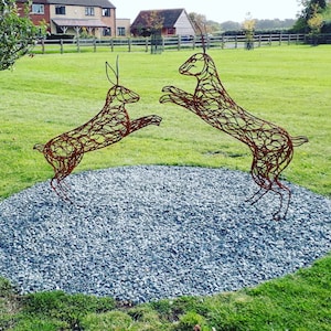 Handmade Metal Boxing Hares Garden Outdoor Sculpture Garden Yard Art  / Exterior Art / Wildlife / Large Sculpture / Metal Art