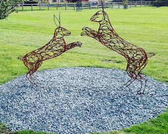 Handmade Metal Boxing Hares Garden Outdoor Sculpture Garden Yard Art  / Exterior Art / Wildlife / Large Sculpture / Metal Art