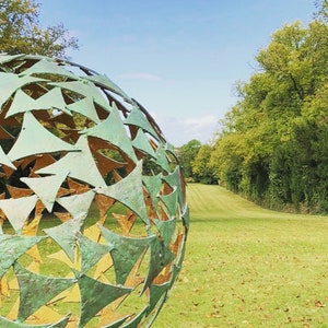 Handmade Metal Garden Lighting Sphere Sculpture - Verdigris & Gold Sphere Garden Yard Art  / Garden Globe / Exterior Ball / Garden Lighting