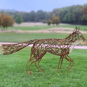 Handmade Metal Rustic Watching Fox Garden Sculpture Garden Yard Art  / Exterior Art / Wildlife / Large Sculpture / Metal Art