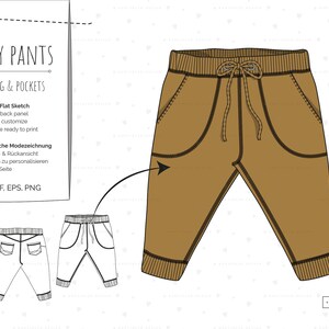 Könnte beinhalten: Eine flache Skizze eines Babyhosenmusters mit Taschen und einem Kordelzug. Die Hose ist braun und hat einen schwarzen Umriss. Die Skizze befindet sich auf einem weißen Hintergrund mit einem kleinen Herzmuster.