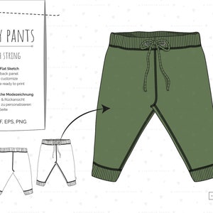 Könnte beinhalten: Olivgrüne Babyhose mit Kordelzug und gerippten Bündchen. Das Bild enthält eine flache Skizze und eine technische Zeichnung mit dem Text "BABY PANTS WITH STRING". Das Design ist einfach anzupassen und druckfertig.