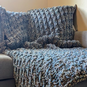 Handmade Knitted Nautical Blue Gray Cable Throw Blanket