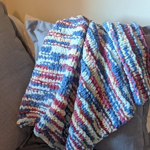 Handmade Knitted Baby Blanket/Baby Shower Gift - Coral/Blue/Tan Striped Blanket
