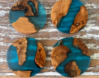 Teal Blue Resin River Wood Drink Coasters Set of 4 House Housewarming Gift Kitchen Table Decor Beach House Ocean Wave Coastal Lake Cabin