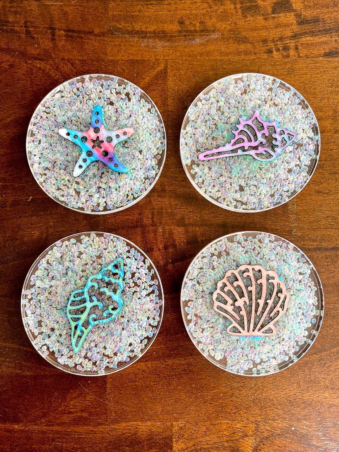 Shell Glass Coaster Shells Sea Glass Pebbles Resin Drink Coasters Set of 4 Beach House ...