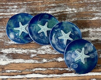 Starfish Resin Drink Coasters Set of 4 Beach House Housewarming Gift Kitchen Table Decor Ocean Coastal