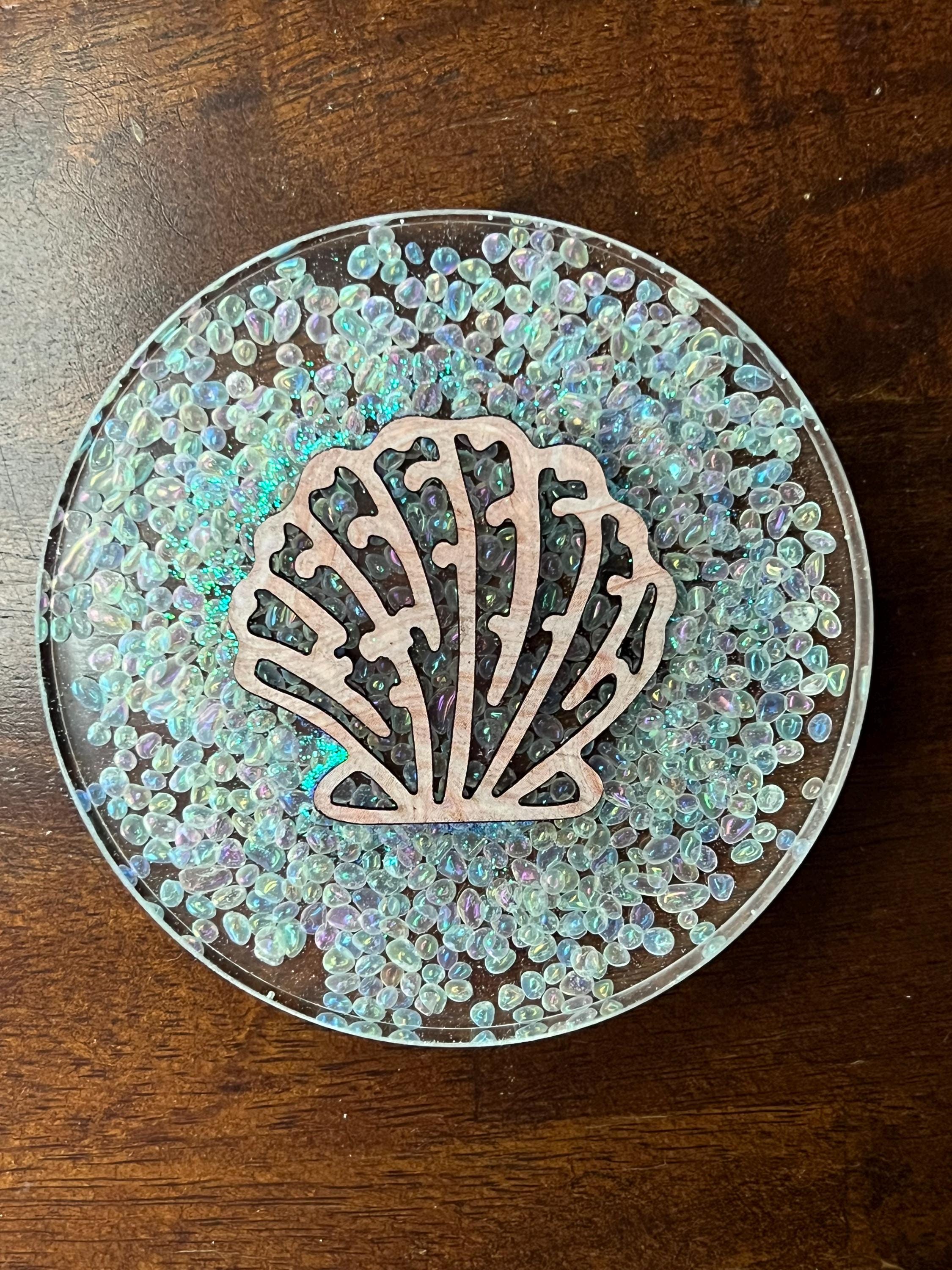 Shell Glass Coaster Shells Sea Glass Pebbles Resin Drink Coasters Set of 4 Beach House ...