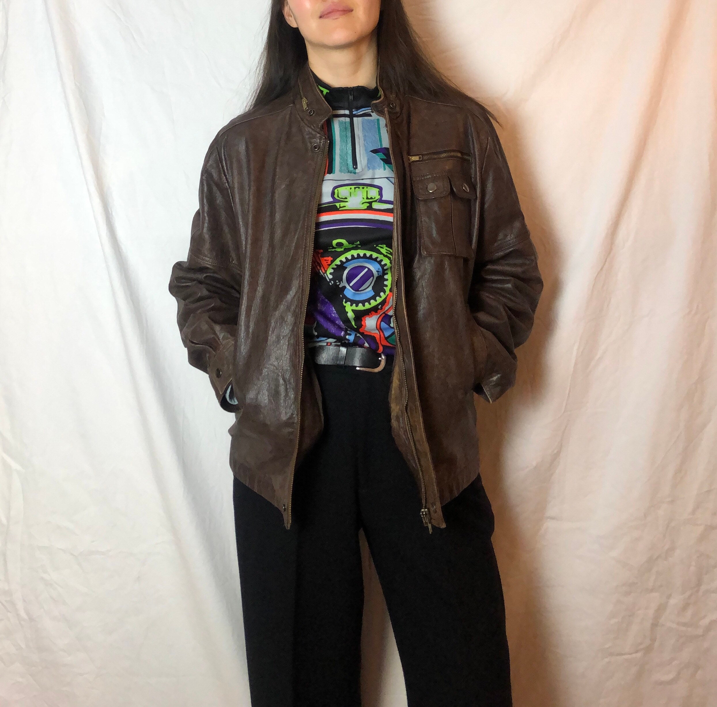 ジャケット・アウター Nalm. vintage leather jacket dark brown Vintage Leather Jacket Brown Zip Size M-L - Etsy Finland