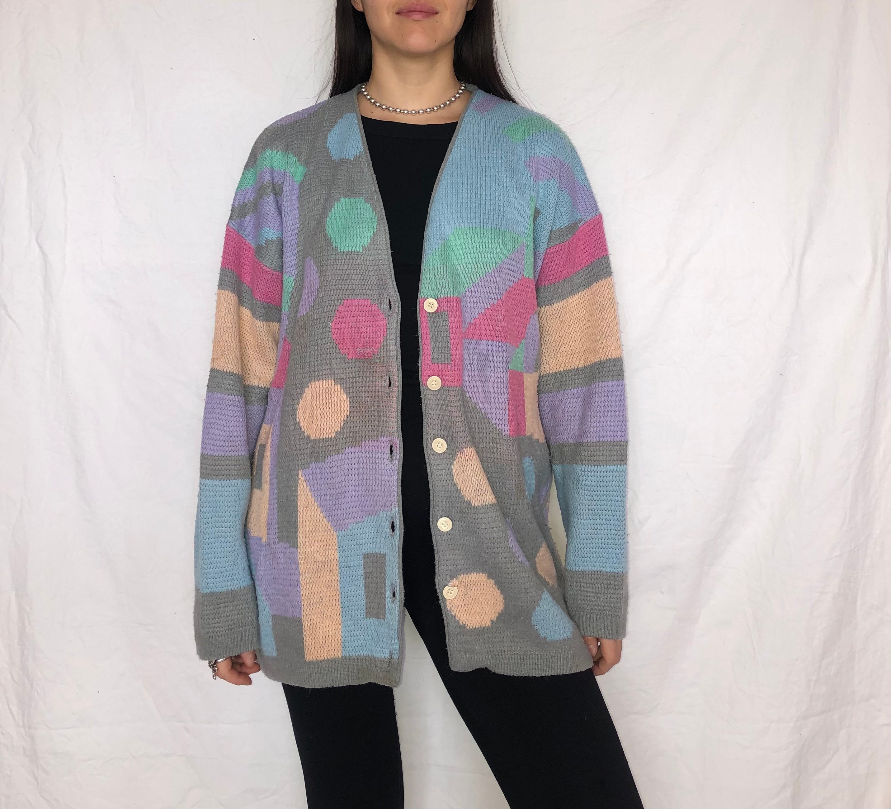 Vintage Cardigan Colorful Crazy Pattern Knit Jacket Size L - Etsy