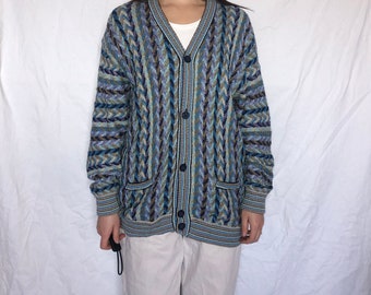 Vintage Knit Cardigan: Colorful Crazy Pattern, Size L