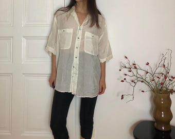 Vintage Silk Shirt, White Crazy Pattern Blouse (Size XL)