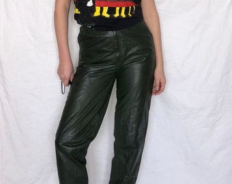 Vintage leather trousers green high waist pants size S-M