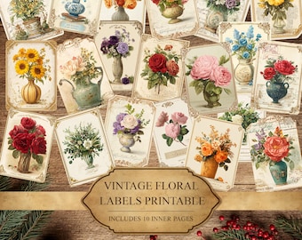 Vintage Floral Labels Printable, Shabby Chic Junk Journal Tags, Watercolor Botanical Collage Sheet, Antique Ephemera Scrapbook Paper