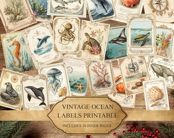 Vintage Ocean Labels Printable Tags, Nautical Junk Journal Ephemera, Sea Creatures Collage Sheet, Marine Illustration Scrapbook Paper