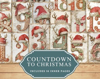 Vintage Christmas Number Set 1–31, Countdown to Christmas Printable, Junk Journal Ephemera.