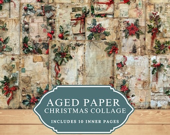 Vintage Christmas Junk Journal Background Page, Printable Collage Paper, Aged Paper Texture for Scrapbooking & Crafts