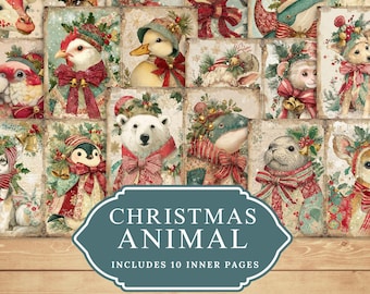 Vintage Christmas Animal Collage Printable, Whimsical Patchwork Animals, Junk Journal Holiday Ephemera Pages