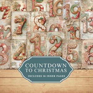 May include: A vintage-style Christmas advent calendar with gingerbread-style numbers. The numbers are decorated with icing and candies. The calendar includes the text "Countdown to Christmas" and "Includes 16 inner pages".
