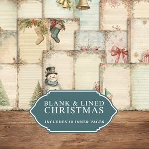 Puede incluir: Un conjunto de páginas de papelería navideña de estilo vintage. Las páginas presentan ilustraciones de calcetines, muñecos de nieve y lazos. El texto de la etiqueta dice "Blank & Lined Christmas" e "Includes 10 Inner Pages".