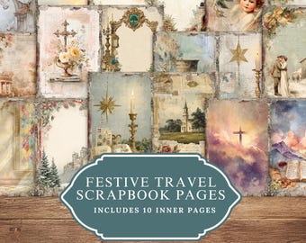 Festive Travel Scrapbook Pages, Vintage Christmas Junk Journal Paper, Shabby Chic Watercolor Backgrounds, Antique Holiday Ephemera Set