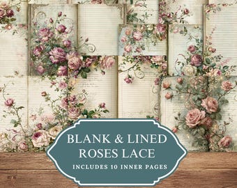 Vintage Wedding Junk Journal Pages, Roses & Lace Printable, Lined Writing Paper, Shabby Chic Journal Kit, Instant Download