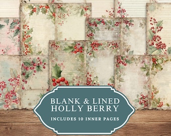 Christmas Blank Lined Journal Pages, Holiday Printable, Holiday Background, Vintage Kit, Holly Berry Papers