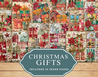 Watercolor Christmas Gifts Collage, Vintage Ephemera (Digital Download)