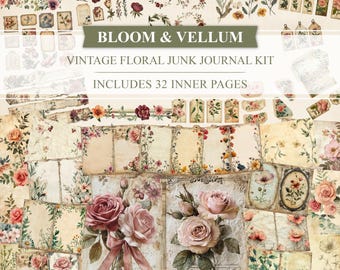 Bloom & Vellum Digital Junk Journal Kit, 32 Printable Vintage Floral Pages, Cottagecore Ephemera Paper, Instant Download