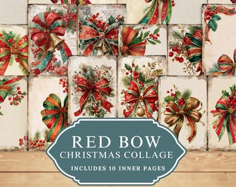 Vintage Christmas Junk Journal Pages, Red Bow Watercolor Collage (Digital Download)