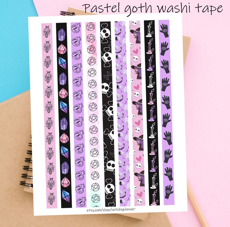 Pastel goth washi tape printable sticker set planner witch ...