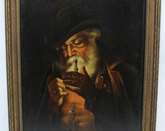 ANTIQUE OIL PAINTING BAR PIPE MAN ①と② 2点