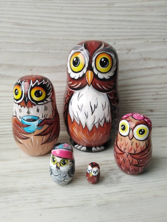 Wooden Russian Hand Painted Stacking Doll Owl Matryoshka Nesting Dolls 5pcs 