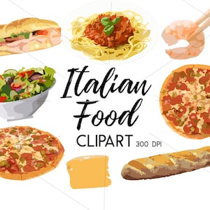 Watercolor Italian Food Clipart Digital Download Instant Download PNG Pizza Salad Bread Clip Art Cheese Set Bundle