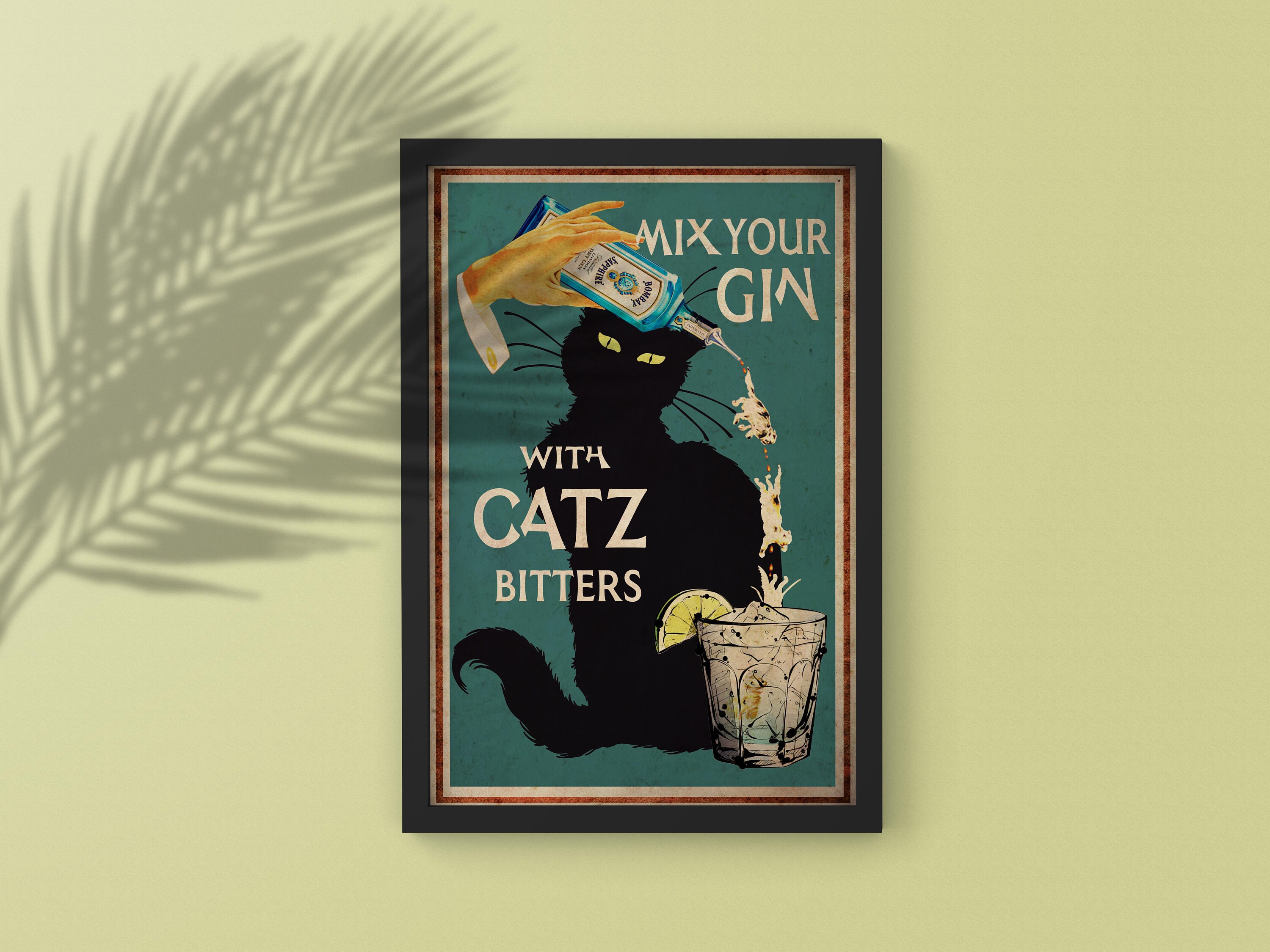 Vintage Black Cat Mix Your Gin With Catz Bitters Poster Etsy