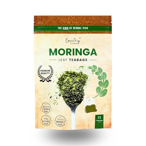 May include: A brown pouch with a white background and green text that reads "The King of Herbal Teas" and "Empathy Herbals". The pouch contains 25 teabags of Moringa Leaf Tea. The pouch also features a green leaf design and a seal that reads "Premium Quality".
