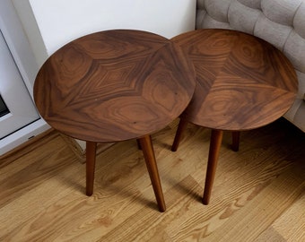 Walnut Nesting Coffee Tables Set Of 2 Round Wood, Side Table Set Wood Modern, Coffee Table Set Walnut, Dining Room Side Coffee Table Set