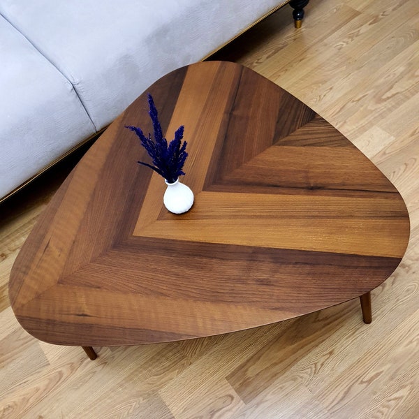 Triangle Coffee Table Walnut Round Oval Elliptical Wood - Scandinavian Coffee Table, Teak Coffee Table, Mid Century Modern Coffee Table