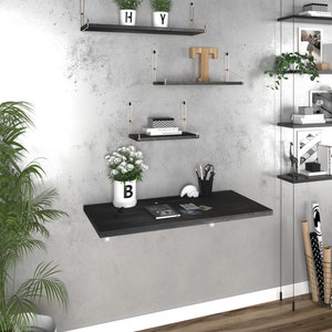 Black Wall-Mounted Folding Table Wood, Wood Folding Table, Space Saving Table Black, Folding Dining Table, Study Table, Computer Laptop Desk