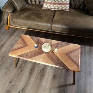 May include: A brown leather sofa with a tufted back and wooden trim. A rectangular pillow with a geometric pattern rests on the sofa. A wooden coffee table with a chevron design and decorative objects sits in front of the sofa.