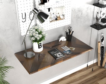 Wood Walnut Floating Desk - Walnut Wall Mounted Desk - Walnut Murphy Desk - Wall Hanging Desk - Laptop Desk,  Work From Home, Fold Down Desk