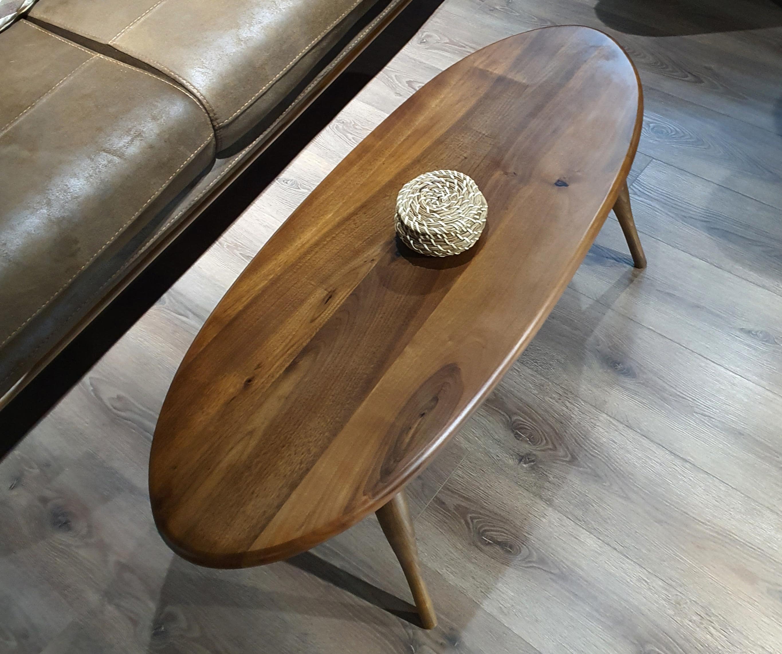 Walnut Wood Coffee Table Oval Ellipse, Mid Century Center Table