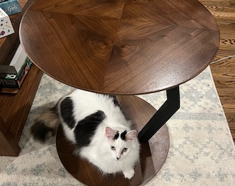 Könnte beinhalten: Eine schwarz-weiße Katze sitzt auf einem Holz-Beistelltisch mit einer dunklen Holzplatte und einem schwarzen Metallgestell. Der Tisch hat eine runde Platte und ein einzigartiges Design mit einem Sternmuster.