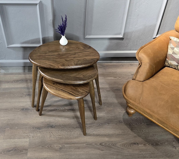 Solid Walnut Nesting Coffee Table Set, Mid Century Modern, Scandinavian Pebble
