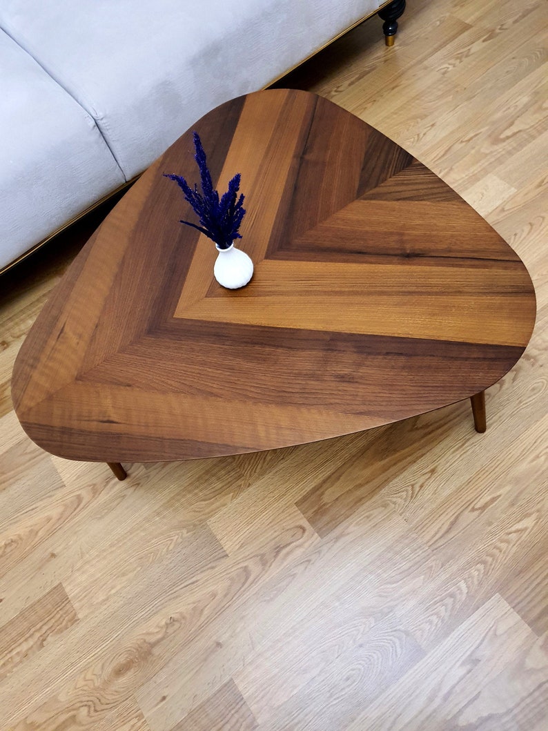Triangle Coffee Table Walnut Round Oval Elliptical Wood - Scandinavian Coffee Table, Teak Coffee Table, Mid Century Modern Coffee Table 