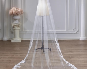 Handmade Cathedral Wedding Veil, Beaded Lace Appliques, Floral Bridal Veil